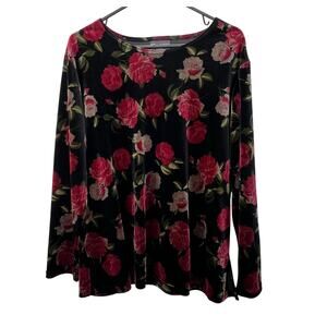 Notations Clothing Velvet Velour Top L Black Rose Pullover Whimsigoth Grunge Y2K